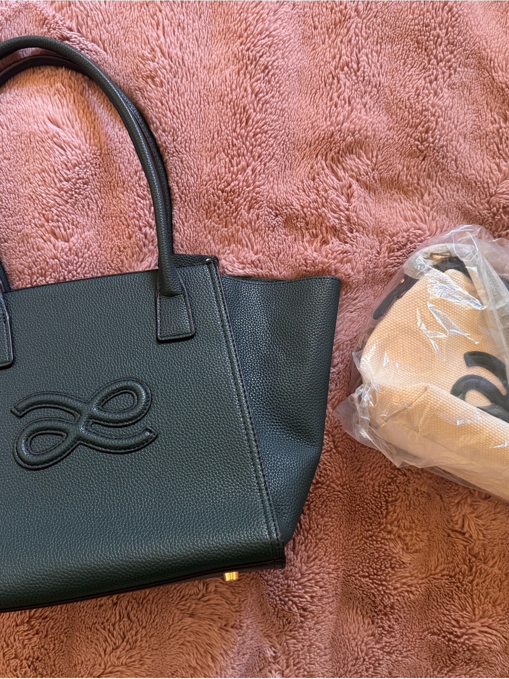 Black Leather Tote Bag with Embossed Logo - Women